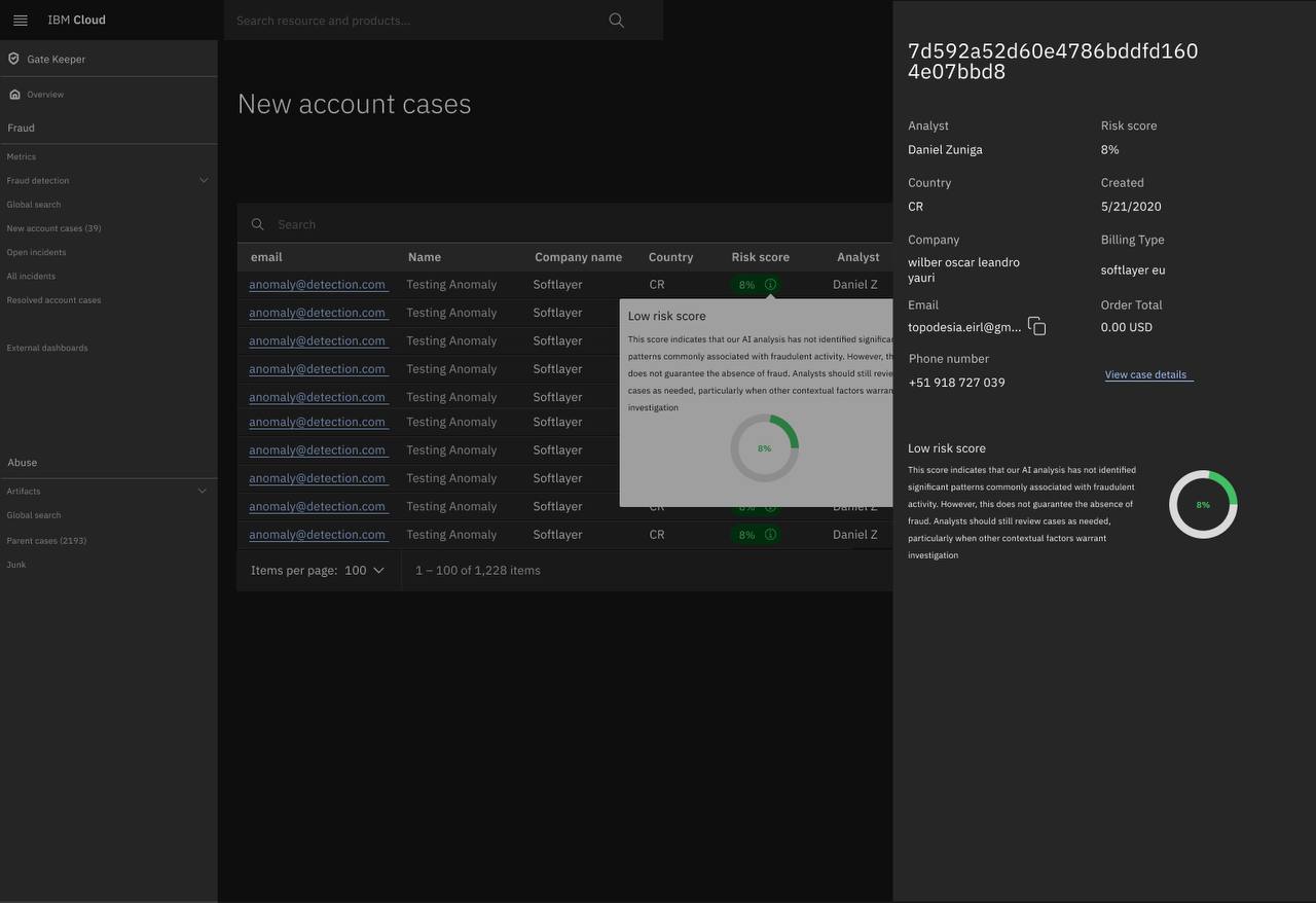 AI-Assisted Fraud Investigation Experience — AI risk score surfaced on new account cases — the score explains itself in place, and again in the case panel.